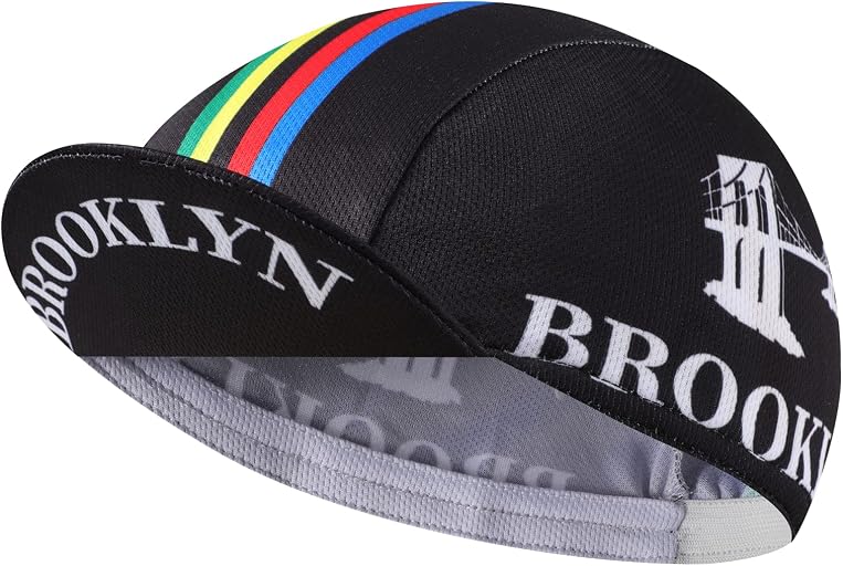 BikingBros Brooklyn cycling cap in black with rainbow stripes and white brim lettering