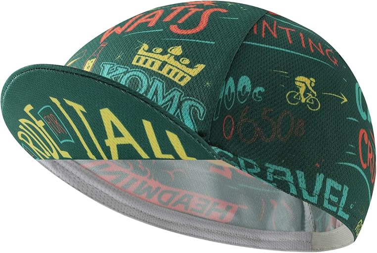 Dark green cycling cap with multicolor lettering and small cycling graphics, front view.