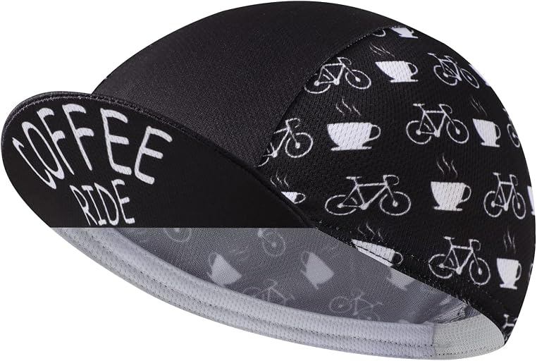 BikingBros cycling cap. Black cap with white coffee cup and bicycle illustrations and Coffee Ride lettering.