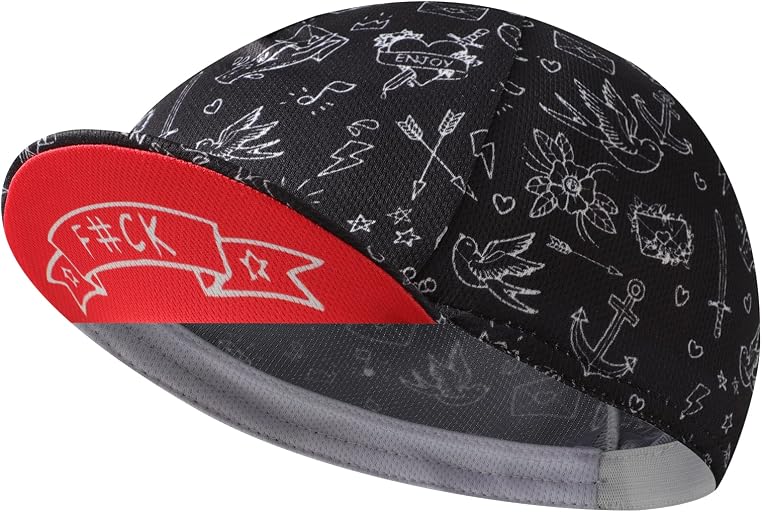 Black cap with fine white doodles and a red brim.
