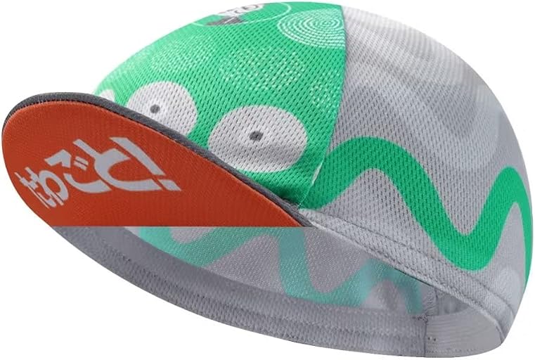 BikingBros cycling cap. Mint green and grey cap with cartoon eyes, wavy creature shapes, grey doodles and an orange-red brim.
