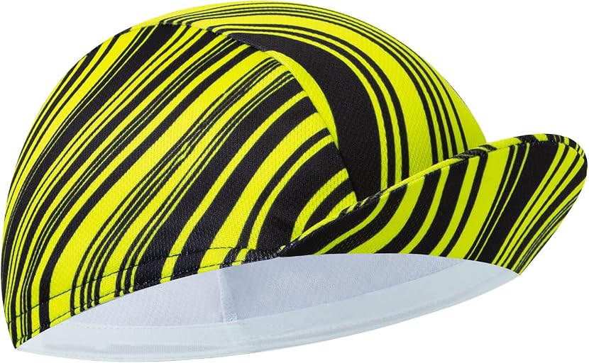 BikingBros cycling cap. Yellow cap with black curved stripes across the crown and brim.