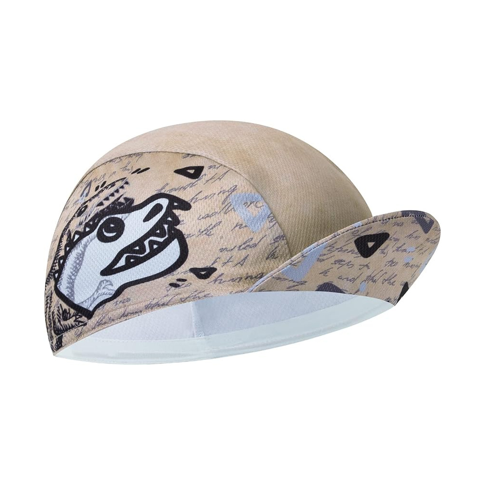 BikingBros graphic print cycling cap with tan creature illustration, angled product view