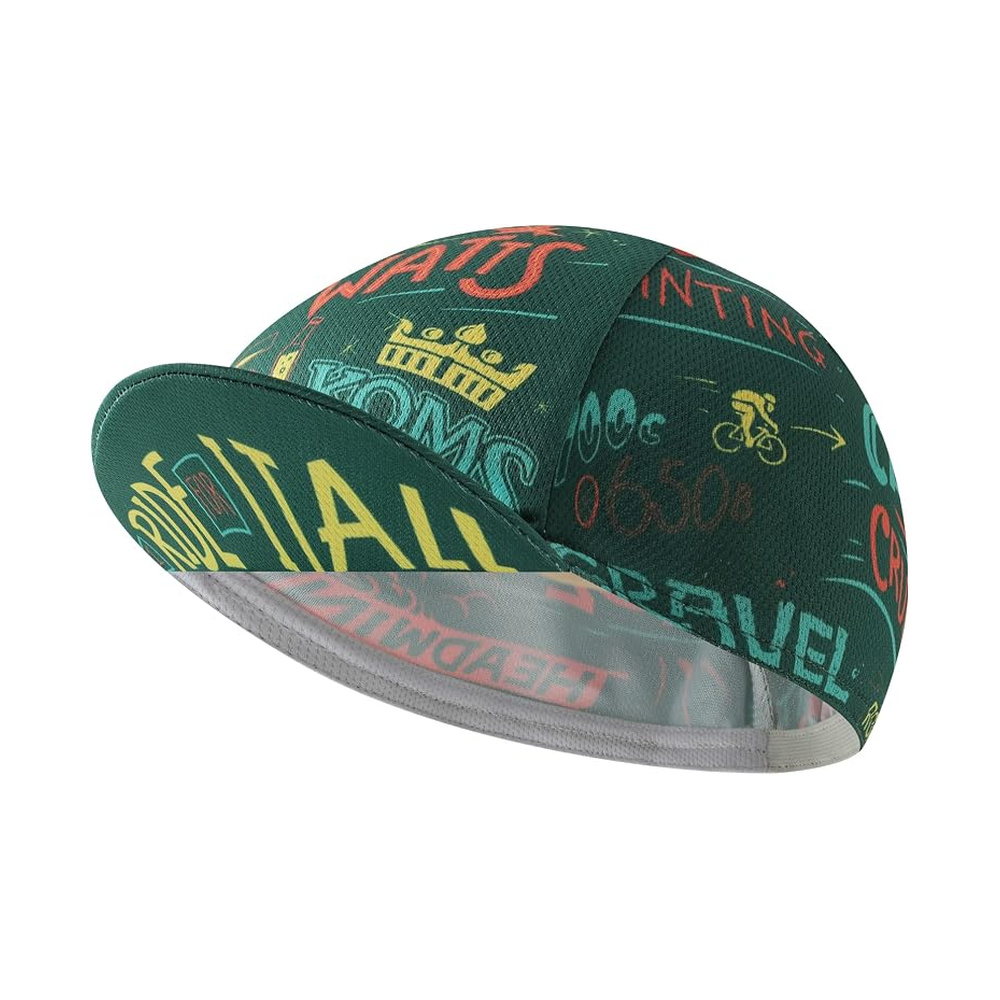 Dark green cycling cap with multicolor lettering and small cycling graphics, front view.