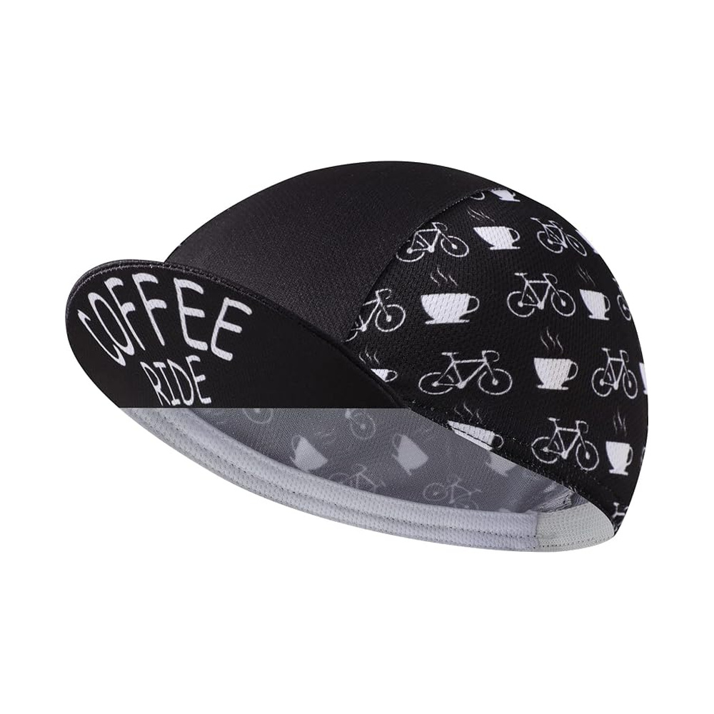 BikingBros cycling cap. Black cap with white coffee cup and bicycle illustrations and Coffee Ride lettering.