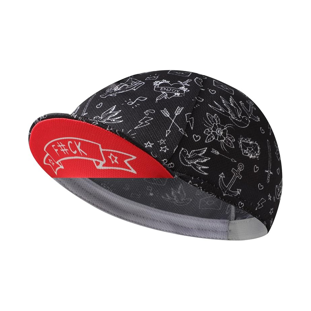 Black cap with fine white doodles and a red brim.