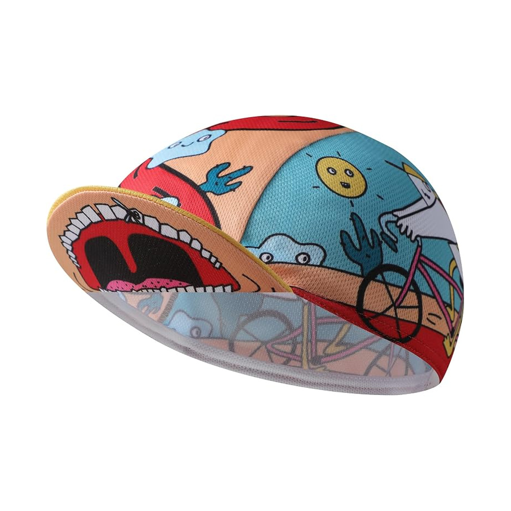 Orange and teal cap with illustrated faces and cycling doodles.