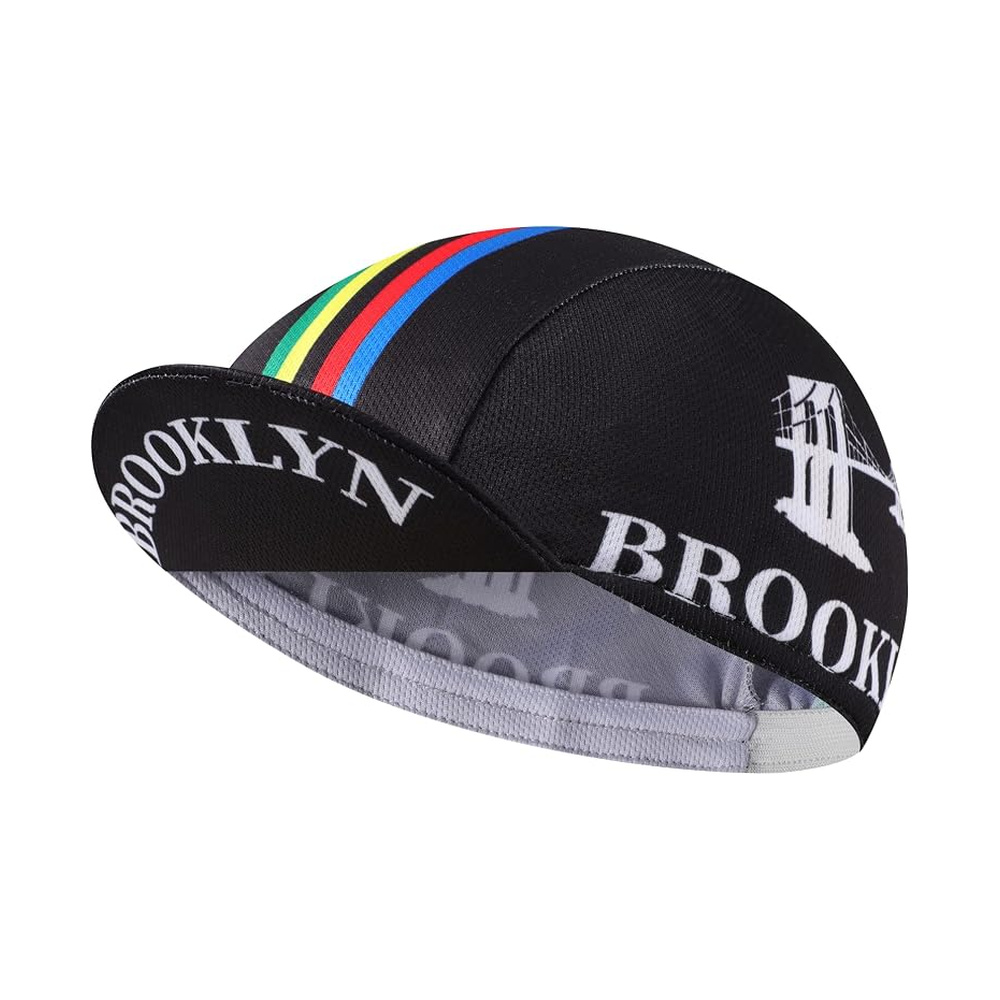 BikingBros Brooklyn cycling cap in black with rainbow stripes and white brim lettering