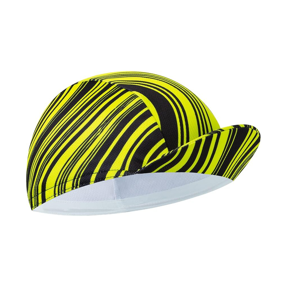 BikingBros cycling cap. Yellow cap with black curved stripes across the crown and brim.