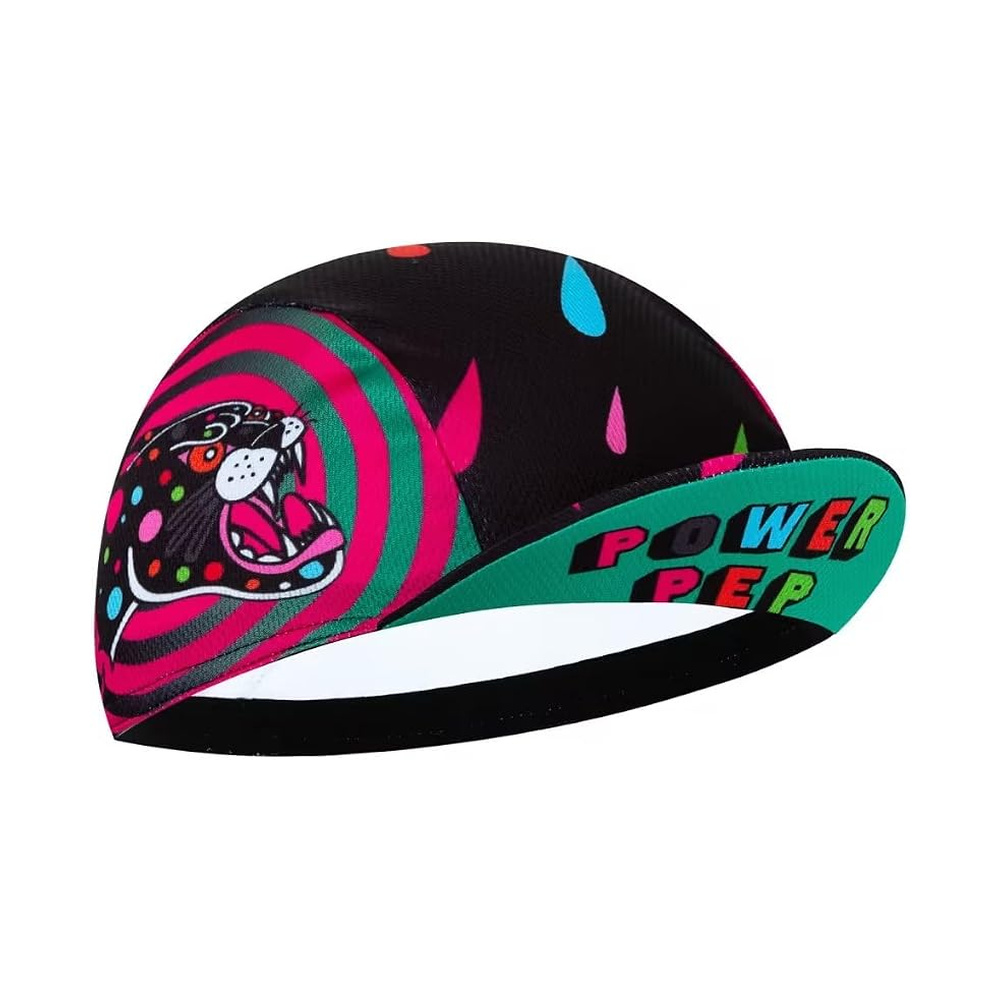 BikingBros cycling cap. Black cap with a colorful panther illustration, pink and green circular graphics and multicolor teardrop shapes.
