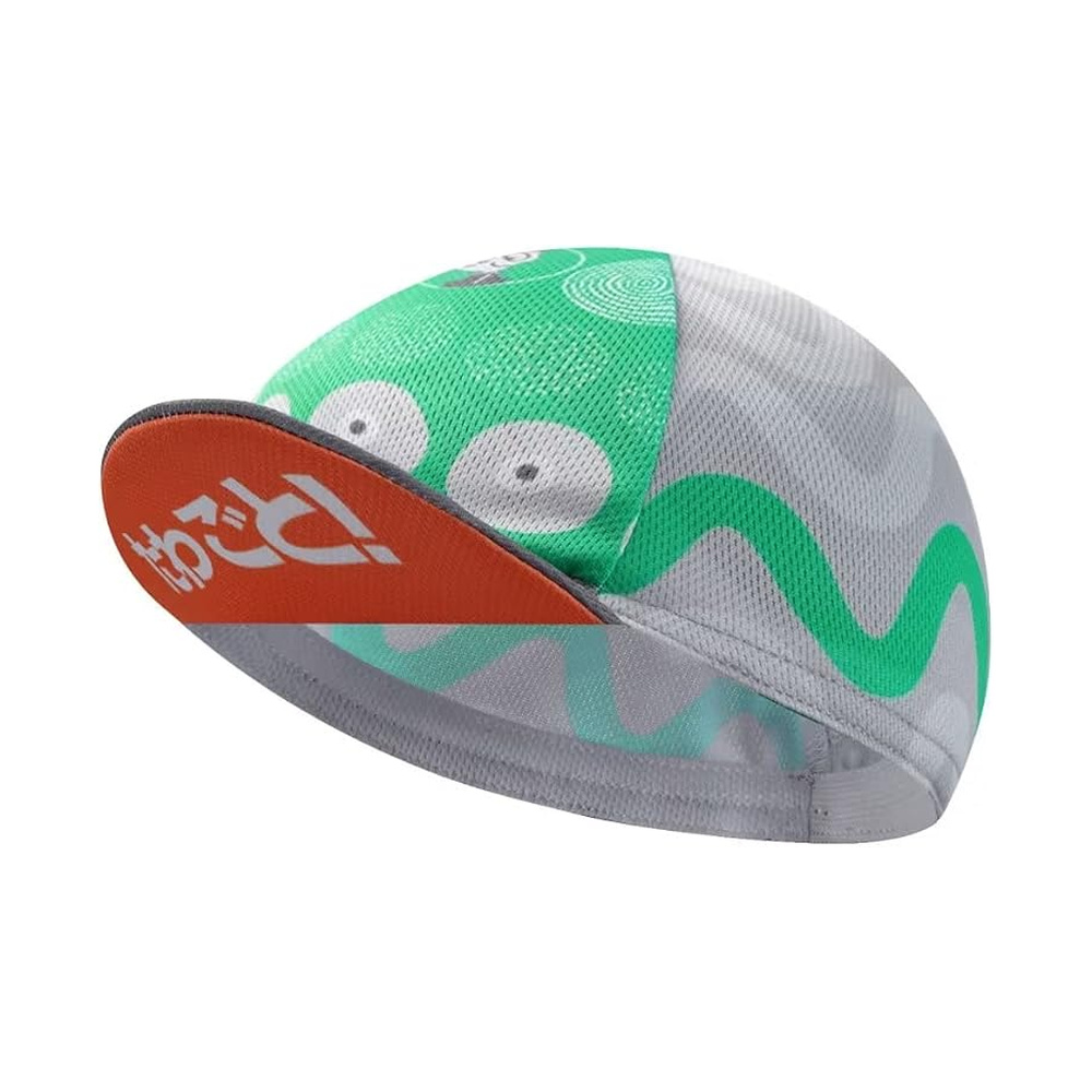 BikingBros cycling cap. Mint green and grey cap with cartoon eyes, wavy creature shapes, grey doodles and an orange-red brim.